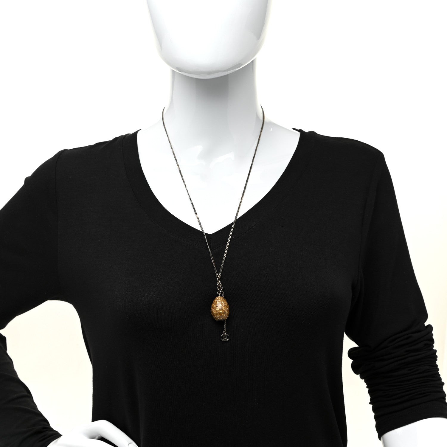 Chanel Metal Enamel CC Quilted Egg Necklace Gold 2 of 5