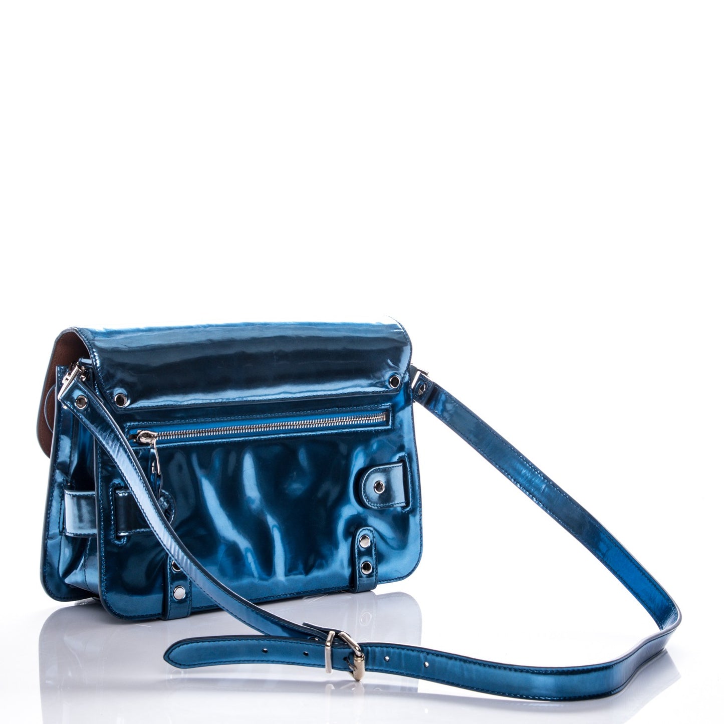 Metallic Patent PS11 Classic Shoulder Bag Ocean Blue