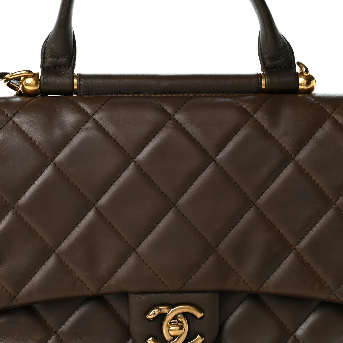 Calfskin Quilted Medium Gold Bar Top Handle Flap Dark Khaki