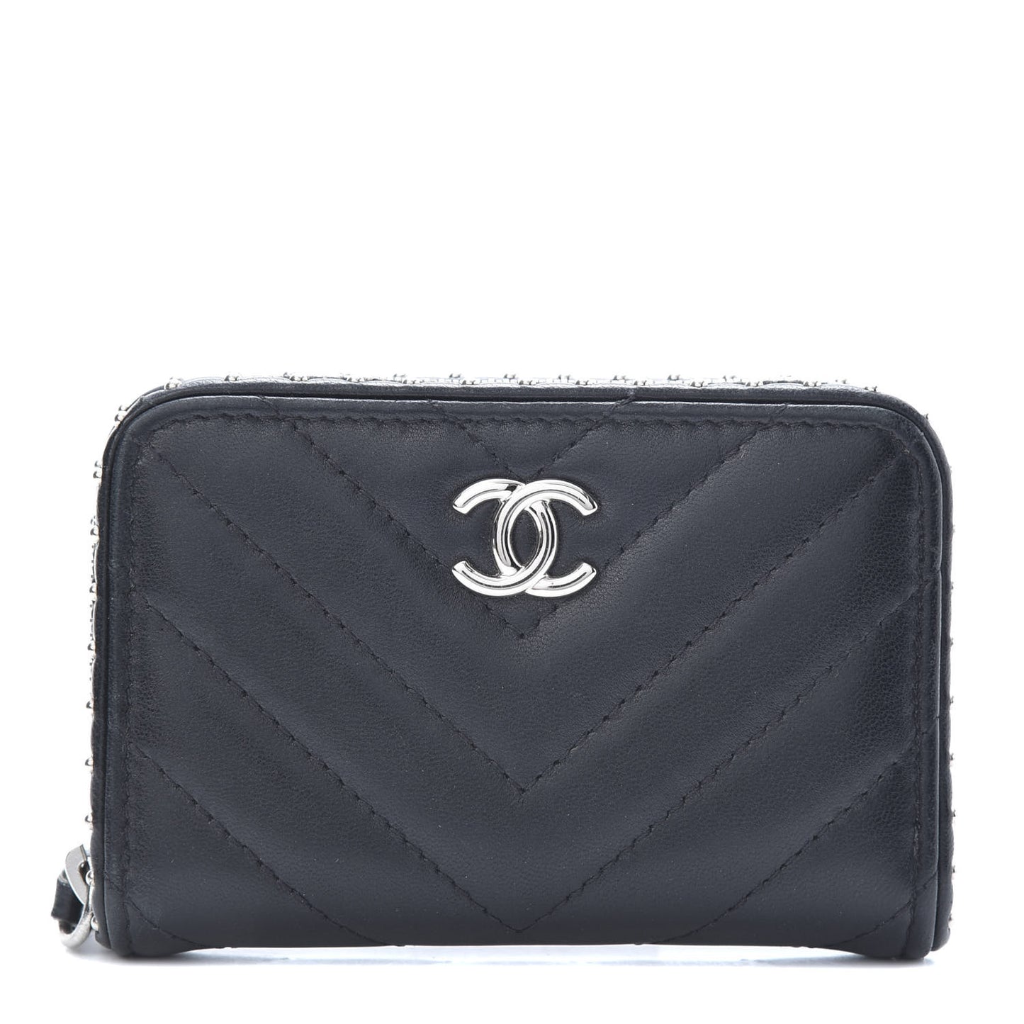 Lambskin Chevron Quilted Studded Zip Around Coin Purse Black
