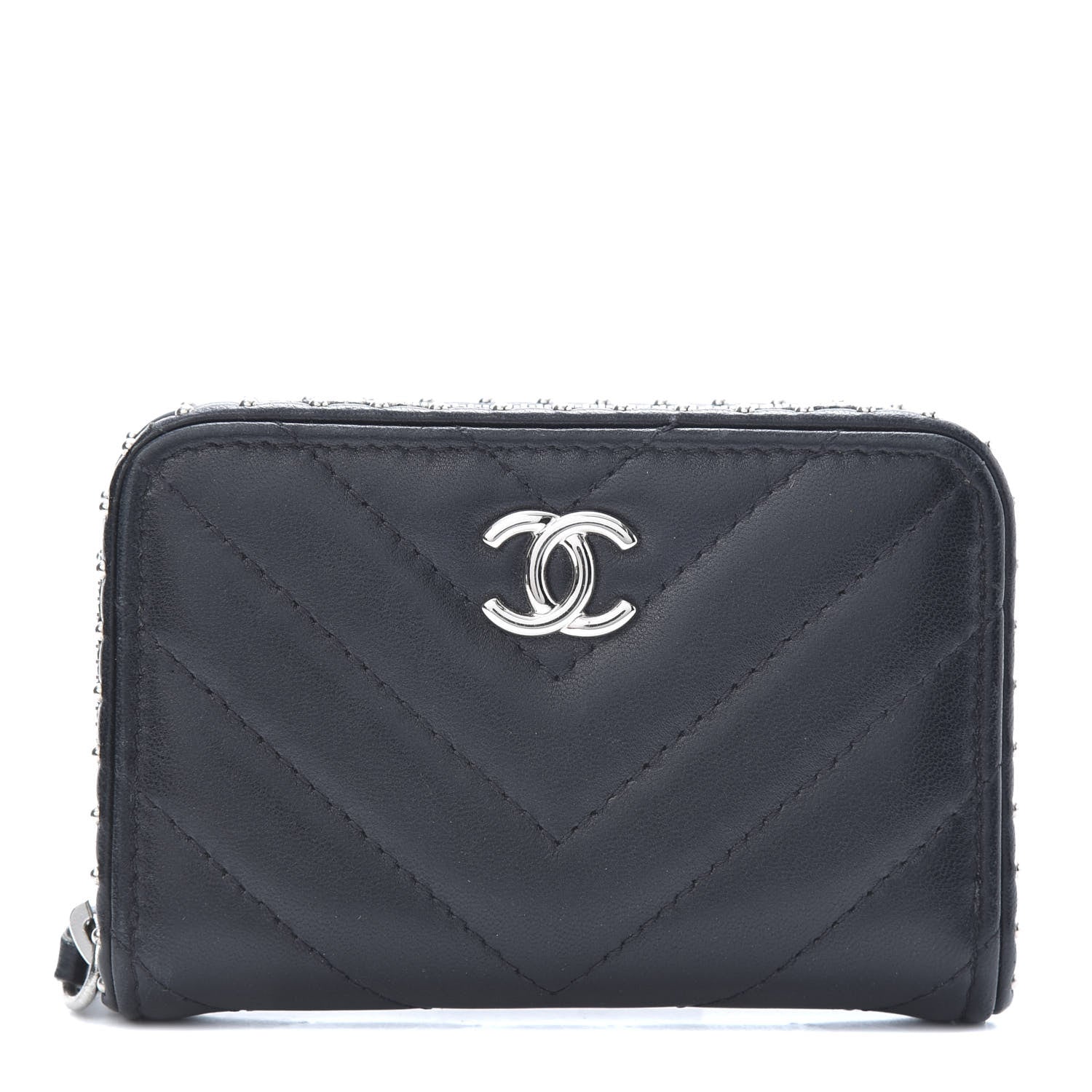 Chanel Lambskin Chevron Quilted Studded Zip Around Coin Purse Black 1 of 8