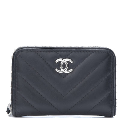 Chanel Lambskin Chevron Quilted Studded Zip Around Coin Purse Black 1 of 8