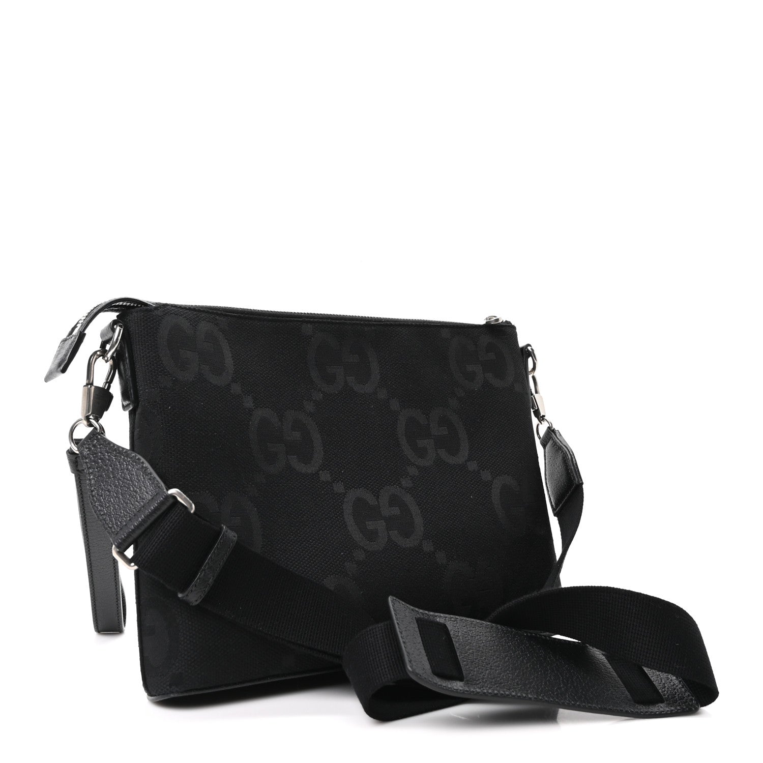 Gucci Monogram Jumbo GG Textured Dollar Calfskin Wristlet Messenger Bag Black 3 of 10