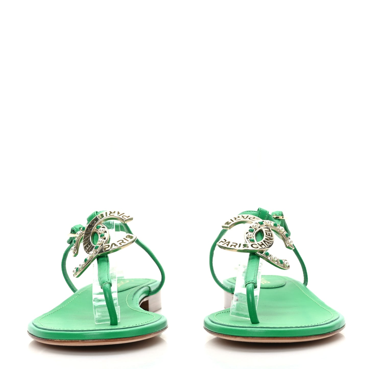 Lambskin Crystal CC Logo Thong Sandals 38 Green