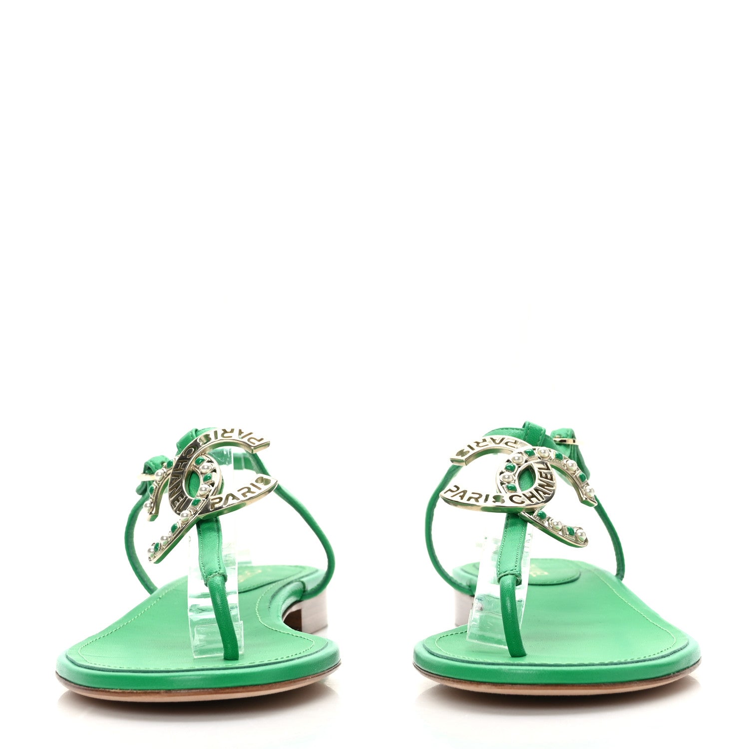 Chanel Lambskin Crystal CC Logo Thong Sandals 38 Green 2 of 7