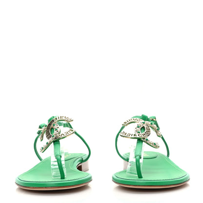 Chanel Lambskin Crystal CC Logo Thong Sandals 38 Green 2 of 7