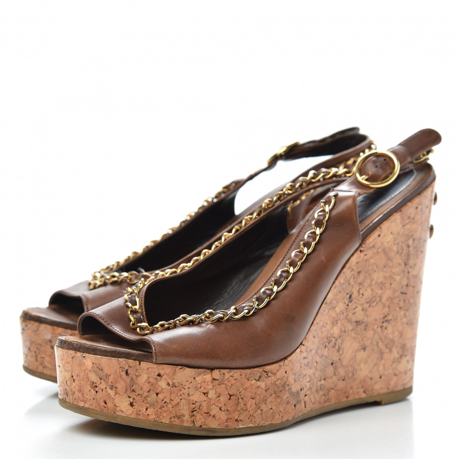 Chanel Lambskin Cork Chain CC Wedge Sandals 39 Brown 3 of 11
