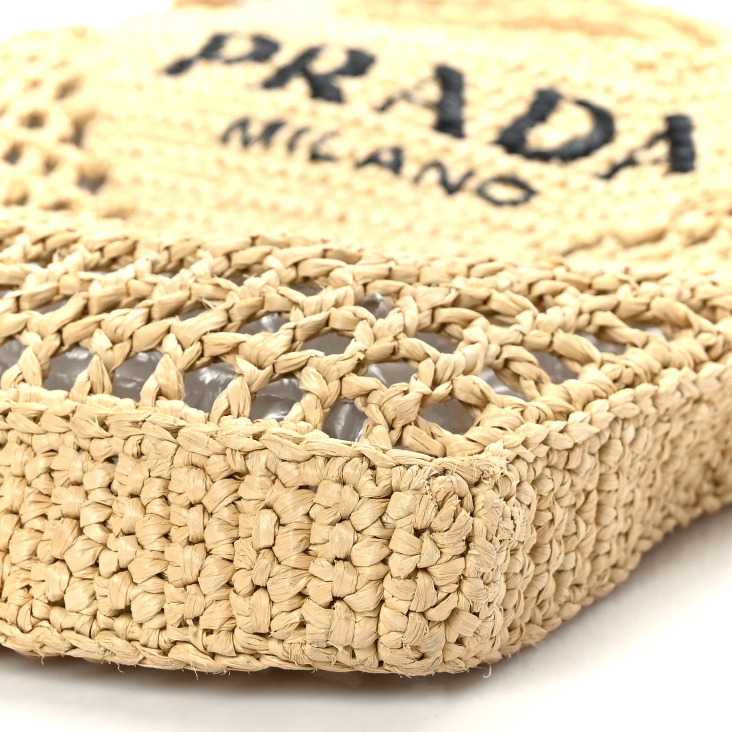 Prada Yarn Raffia Effect Crochet Logo Embroidered Tote Bag Naturale 8 of 8