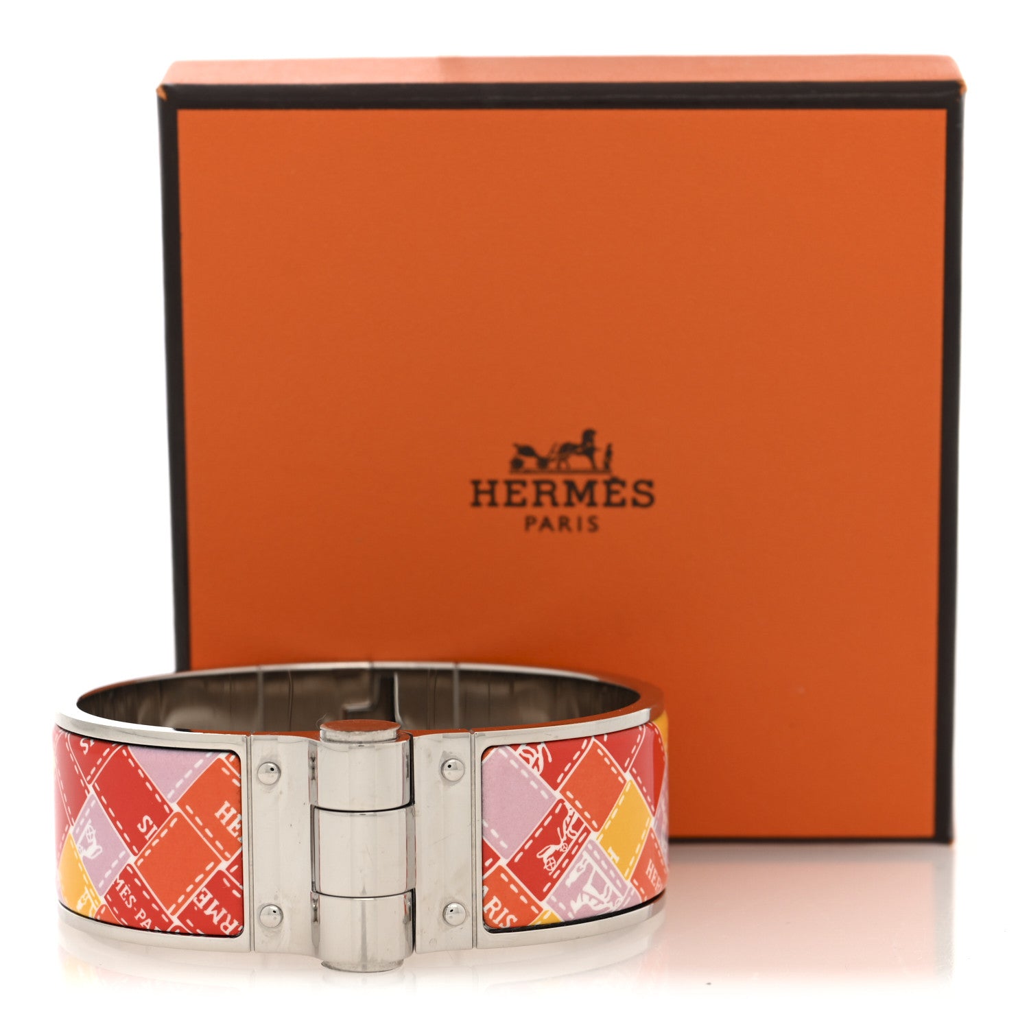 Hermes Enamel Printed Wide Square Bolduc Hinged Bracelet S Life In Orange 5 of 5