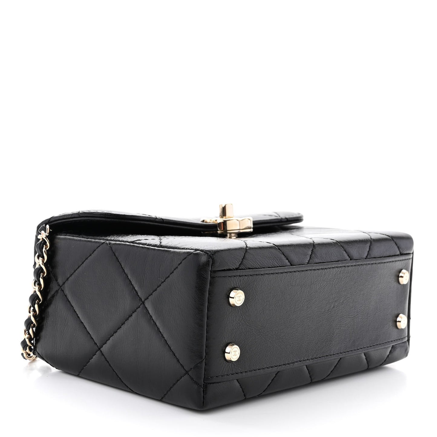 Shiny Calfskin Quilted Small CC Top Handle Box Bag Black