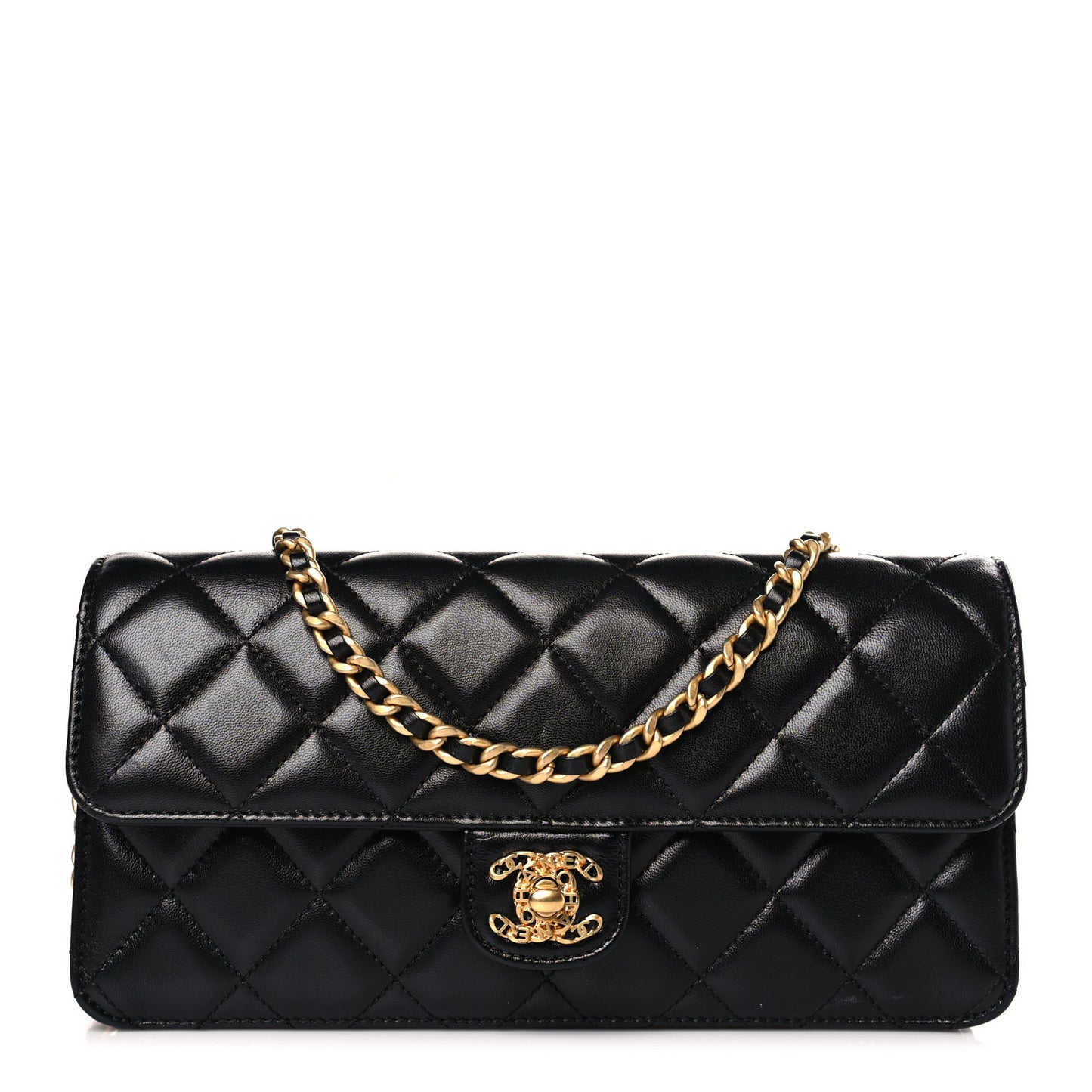 Shiny Lambskin Quilted Flap Clutch Bag Black