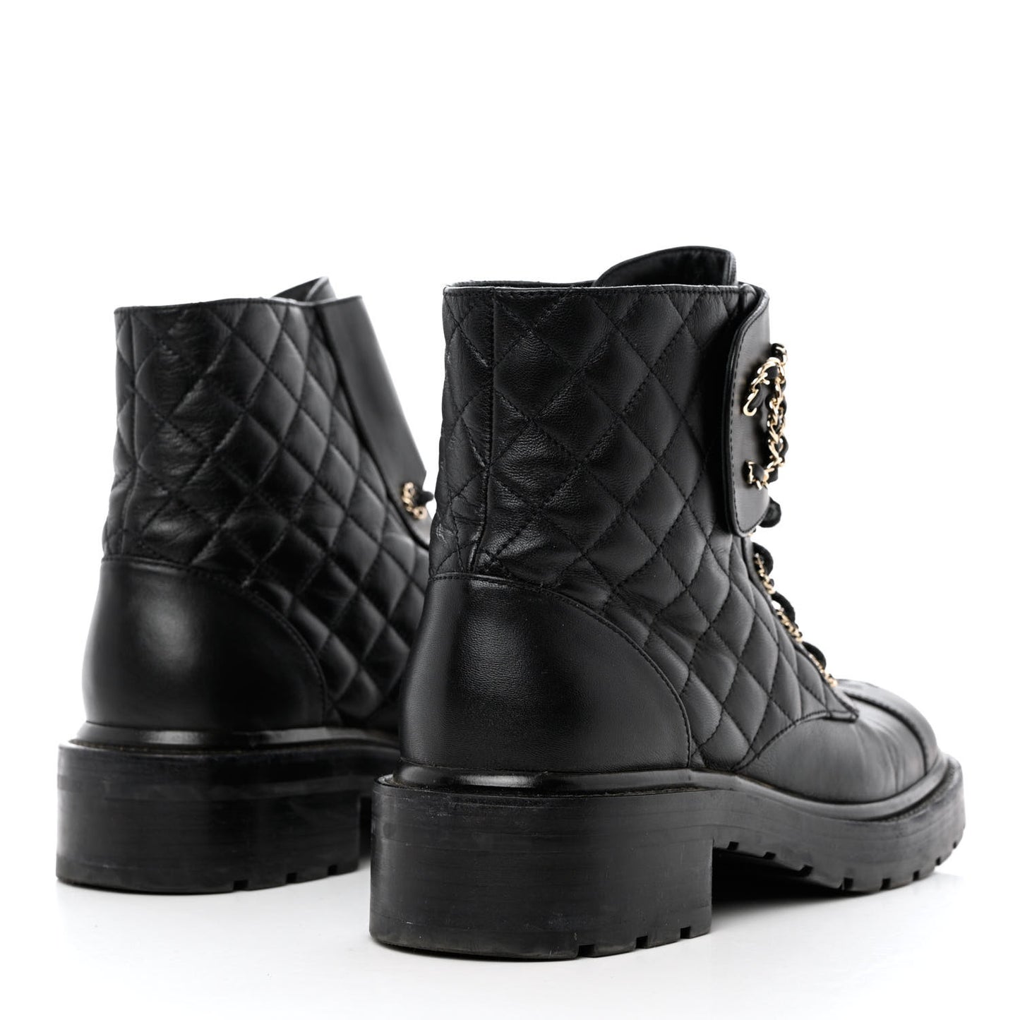 Shiny Calfskin Quilted Lace Up Combat Boots 40 Black