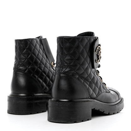 Chanel Shiny Calfskin Quilted Lace Up Combat Boots 40 Black 4 of 9