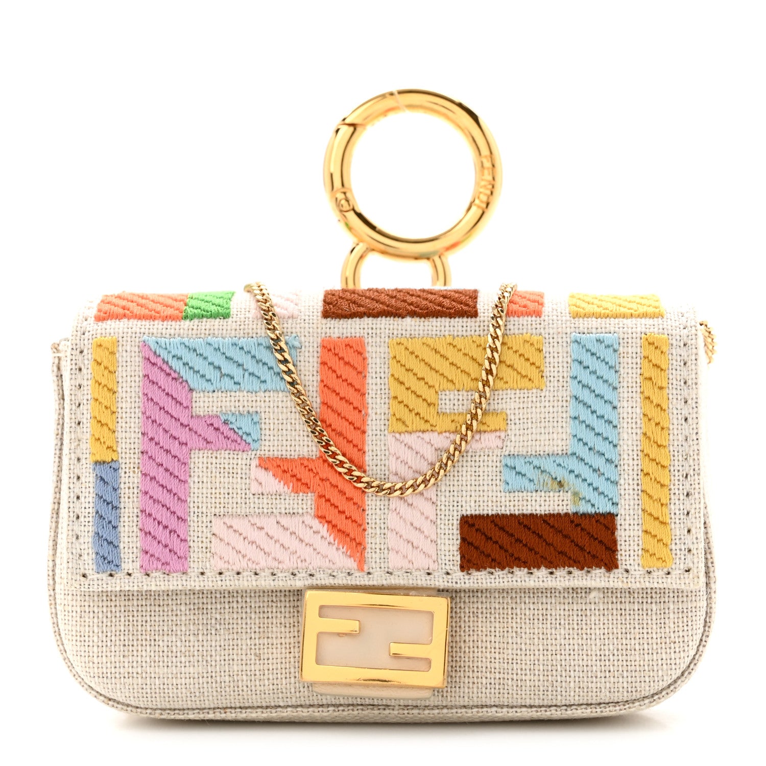 Fendi Kuban Canvas FF Embroidered Nano Baguette Charm Grezzo Multicolor 1 of 10