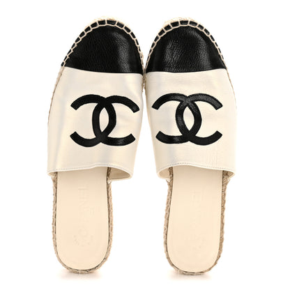 Chanel Iridescent Goatskin CC Espadrille Mules 39 Ivory Black 2 of 10