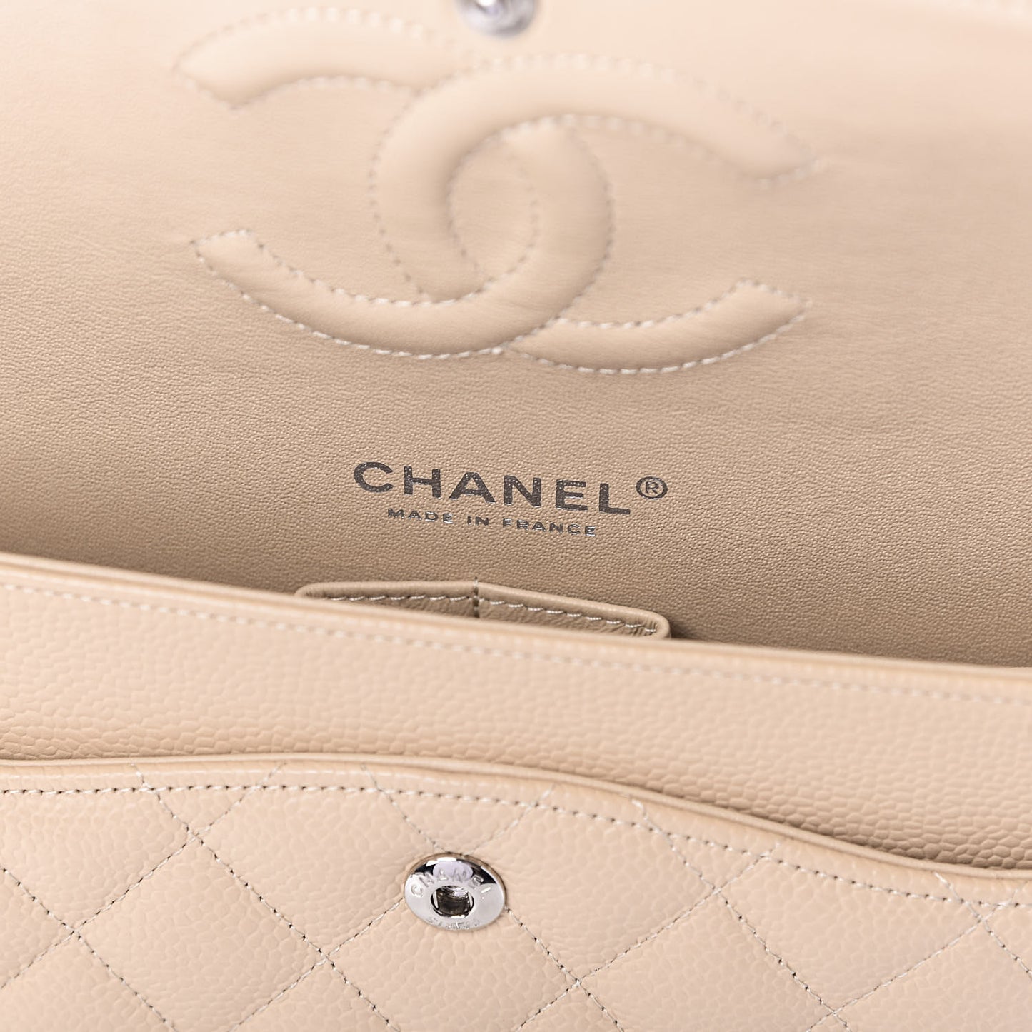 Caviar Quilted Medium Double Flap Beige