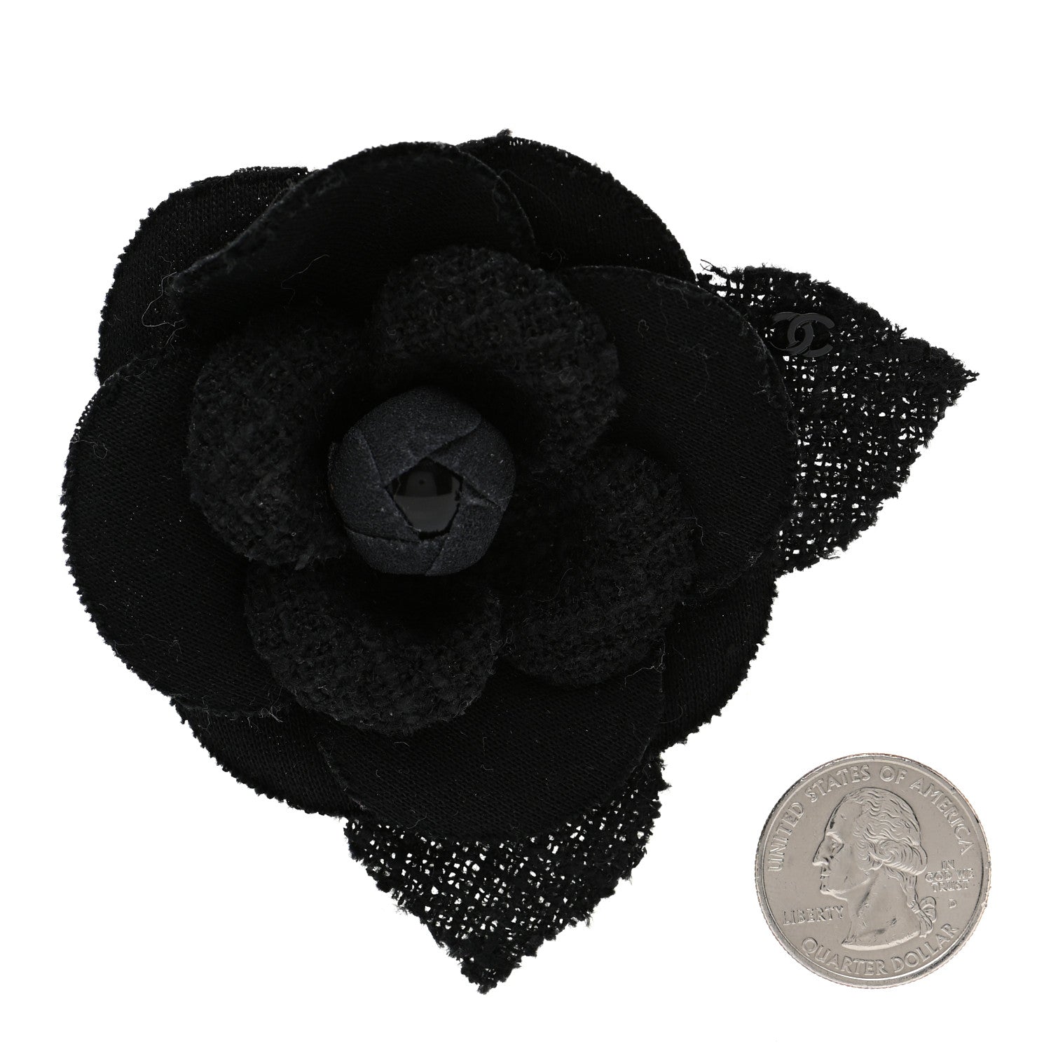 Chanel Tweed Camellia Pin Brooch Black 2 of 4