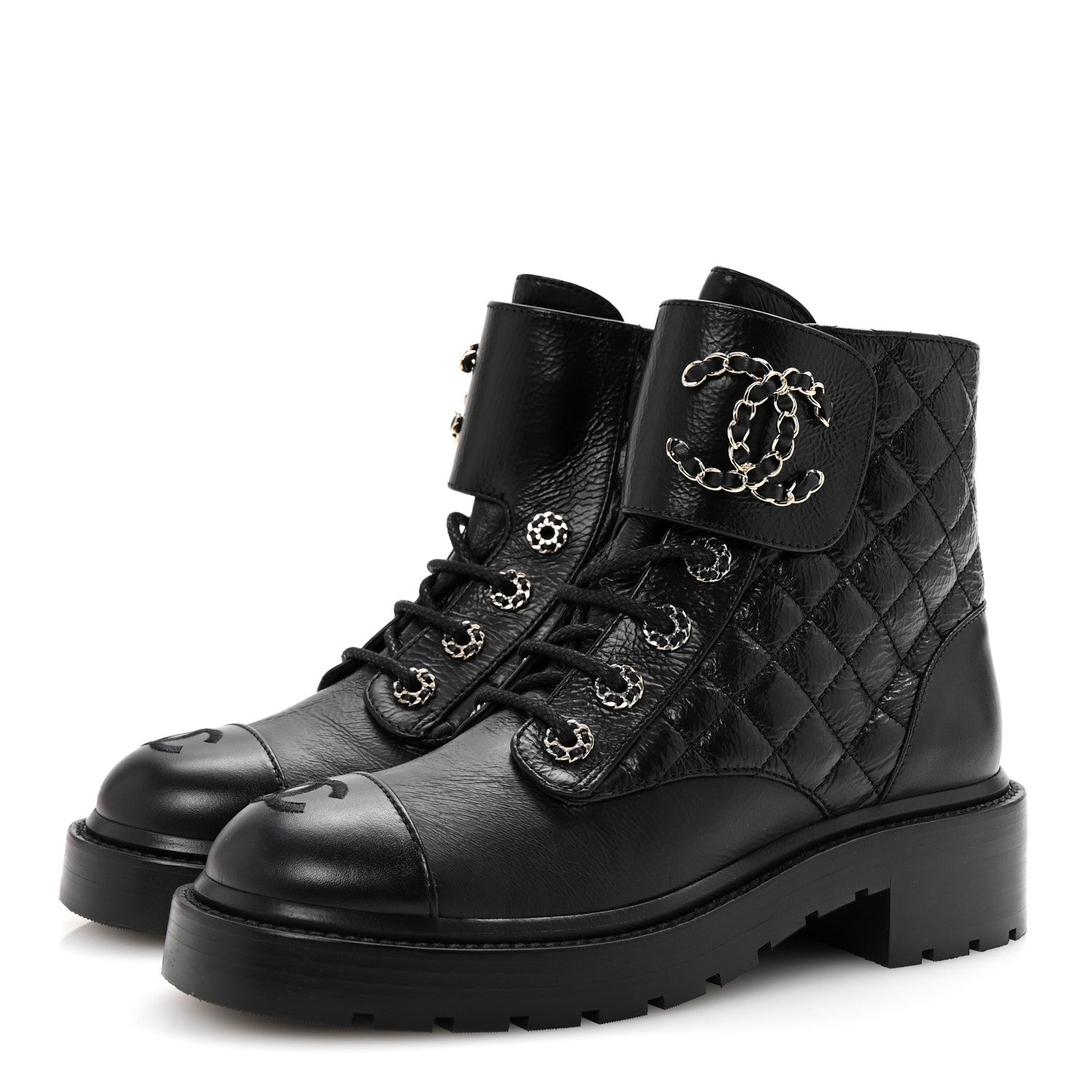 Chanel Shiny Goatskin Calfskin Quilted Lace Up Combat Boots 37 Black 4 of 10