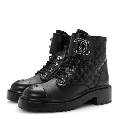 Chanel Shiny Goatskin Calfskin Quilted Lace Up Combat Boots 37 Black 4 of 10