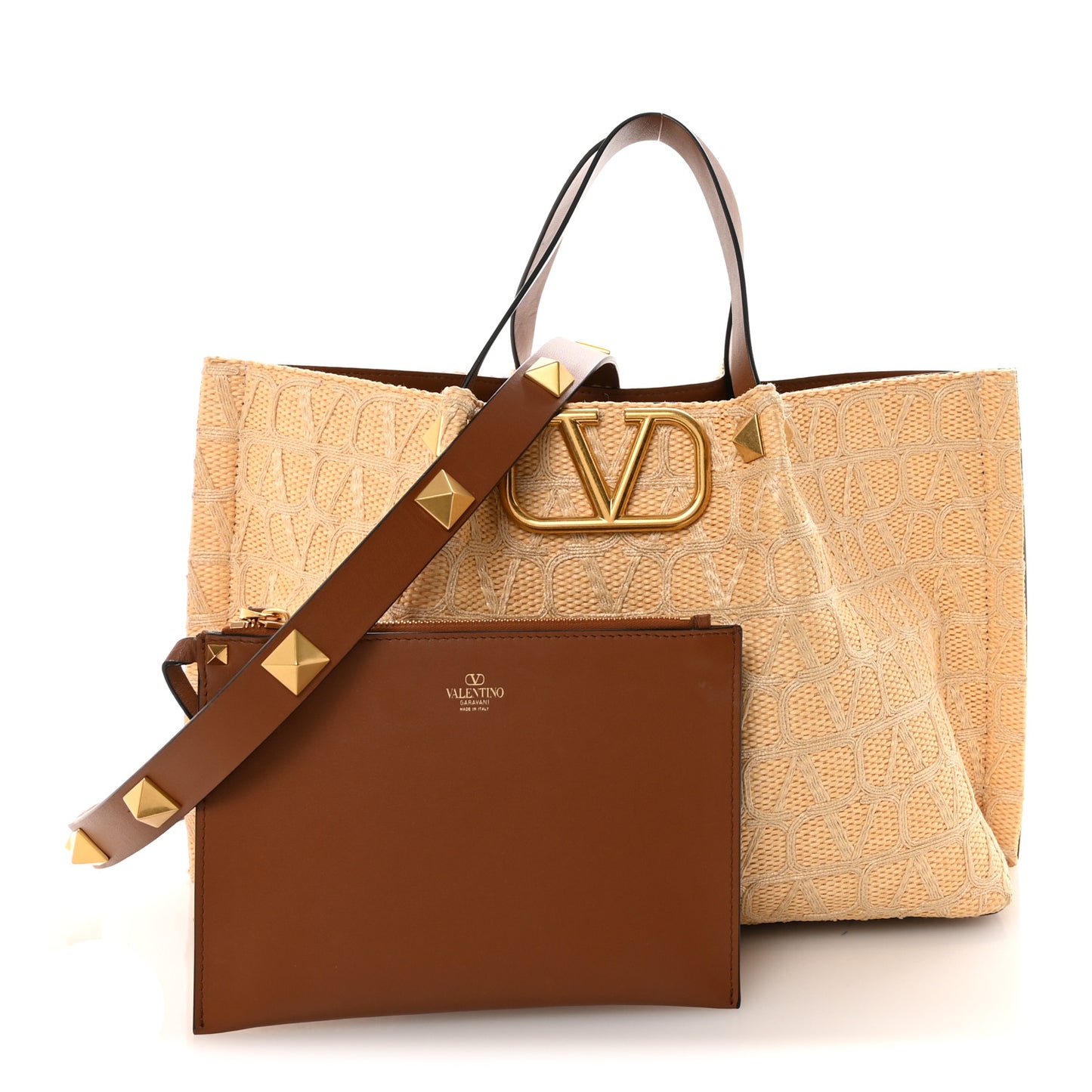 Raffia Calfskin Medium Rockstud Vlogo Tote Naturale