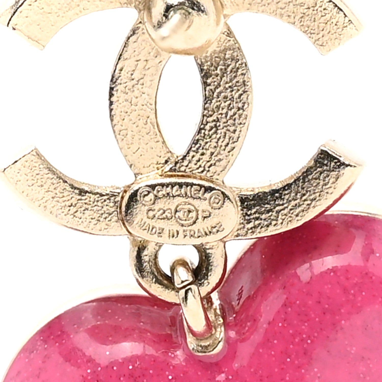 Chanel Crystal CC Resin Heart Drop Earrings Pink Gold 5 of 5