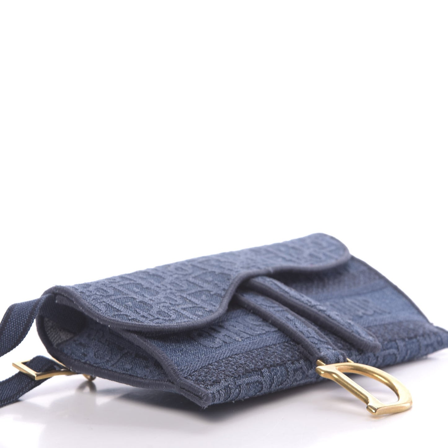 Oblique Embroidered Slim Saddle Pouch Denim Blue