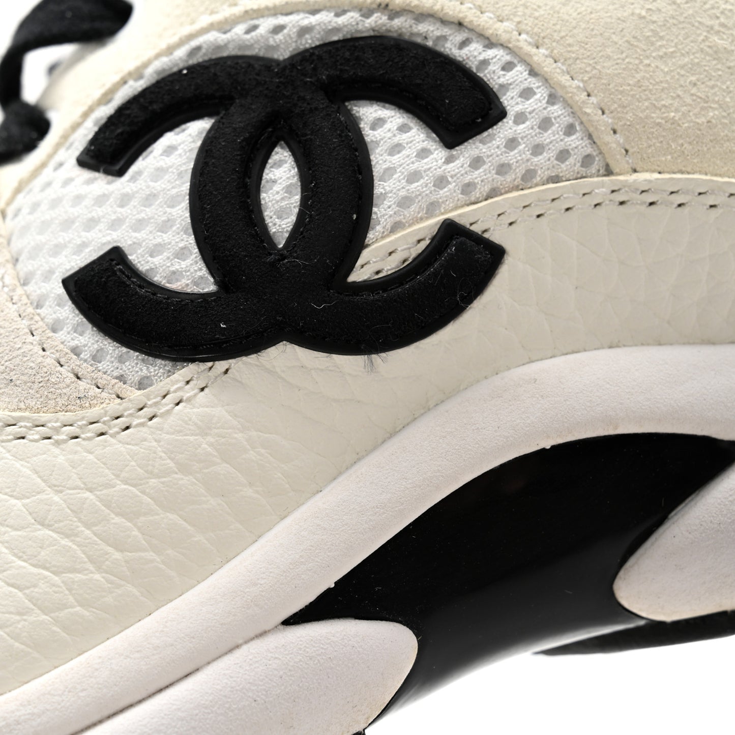 Mesh Suede Grained Calfskin Womens CC Sneakers 37.5 White Black
