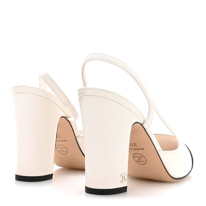 Chanel Lambskin Grosgrain Cap Toe CC Slingback Pumps 37 White Black 5 of 8