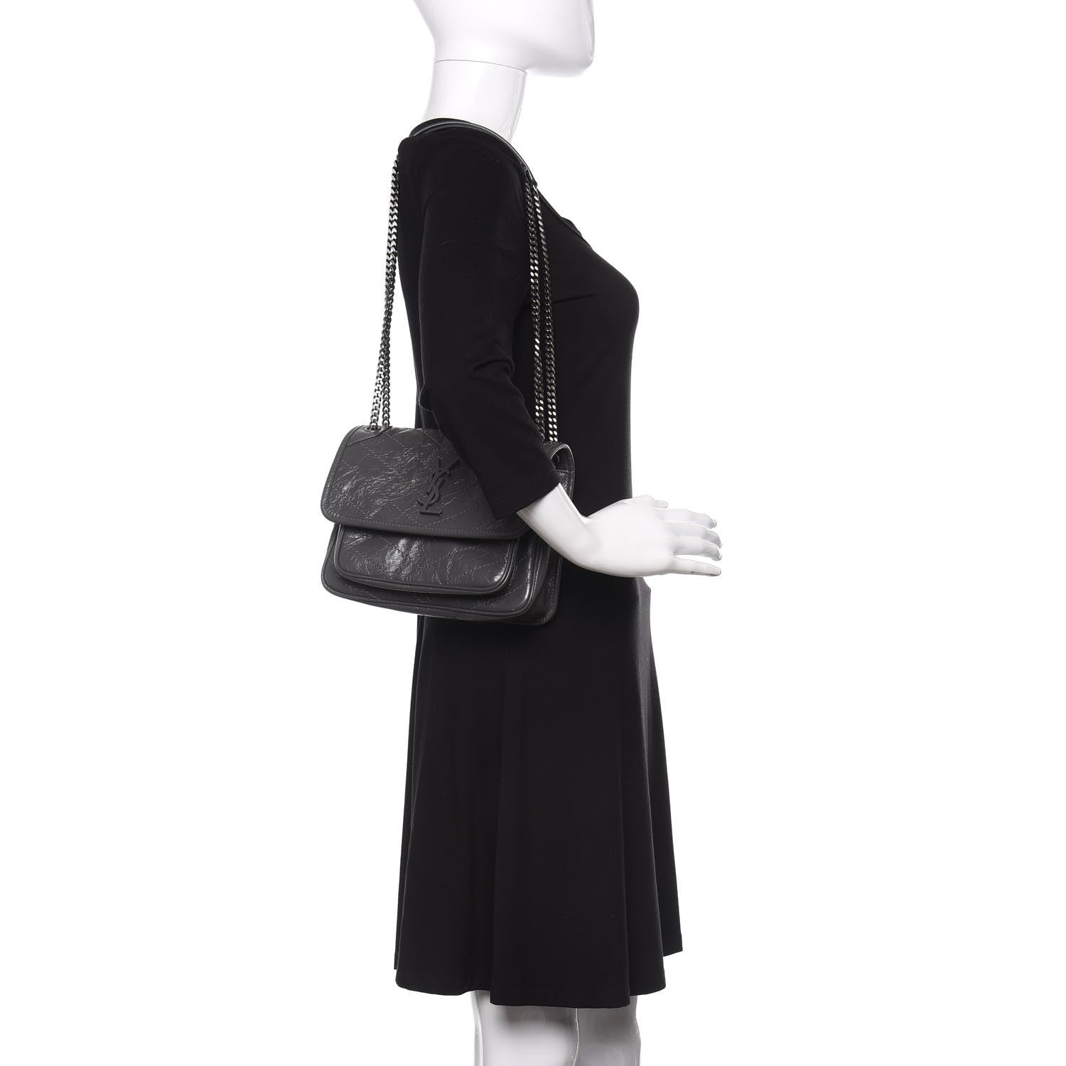 Saint Laurent Crinkled Calfskin Matelasse Monogram Baby Niki Chain Satchel Storm 2 of 10
