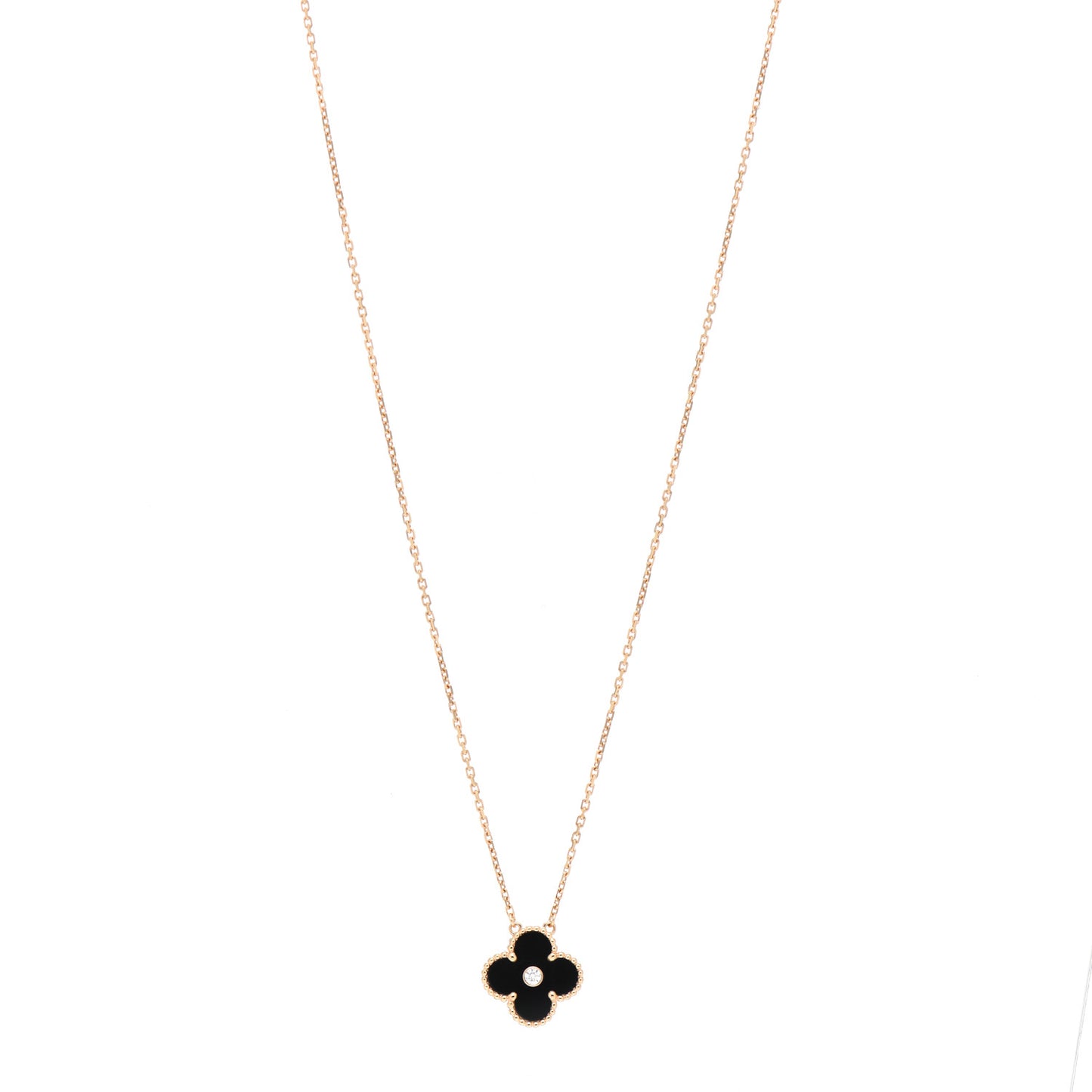 18K Rose Gold Diamond Black Onyx Vintage Alhambra Pendant Necklace