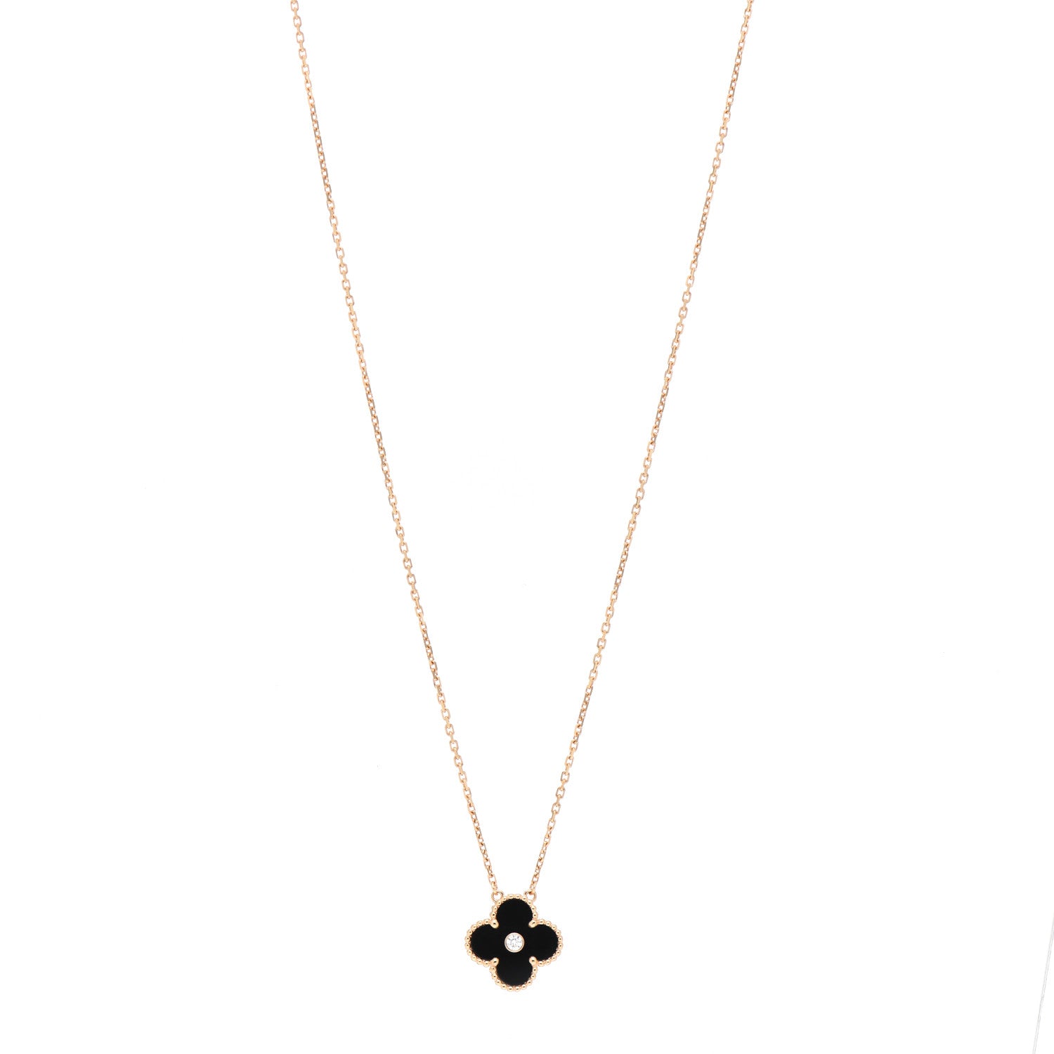 Van Cleef & Arpels 18K Rose Gold Diamond Black Onyx Vintage Alhambra Pendant Necklace 1 of 5