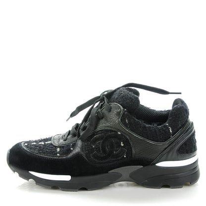 Chanel Suede Tweed Goatskin CC Sneakers 35 Black 1 of 7