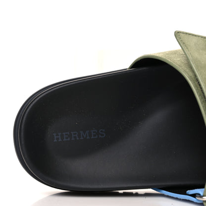 Hermes Suede Goatskin Womens Chypre Sandals 39 Bleu Cameo Vert 7 of 9