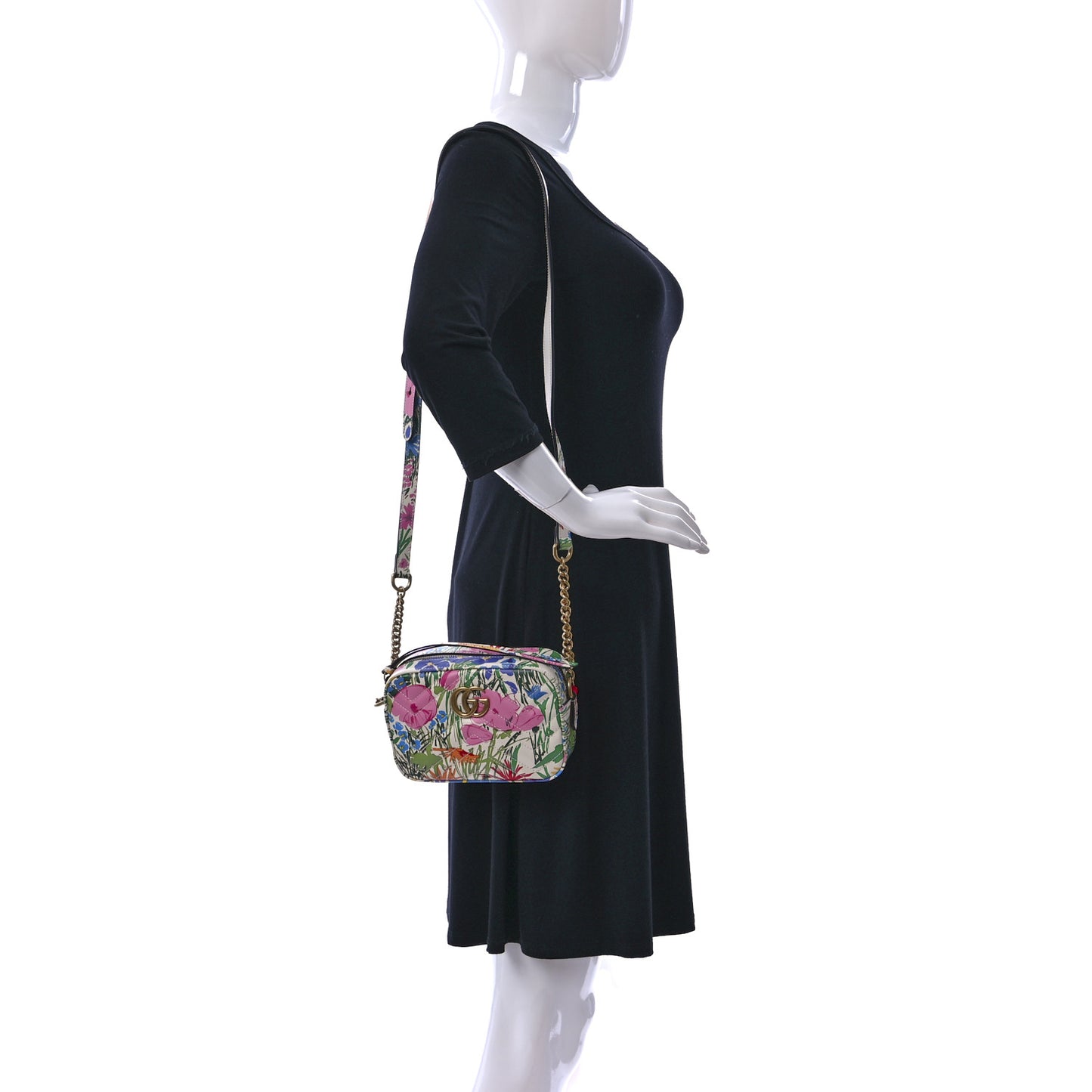 X KEN SCOTT Calfskin Matelasse Floral Print Mini GG Marmont Chain Shoulder Bag Ivory Pink