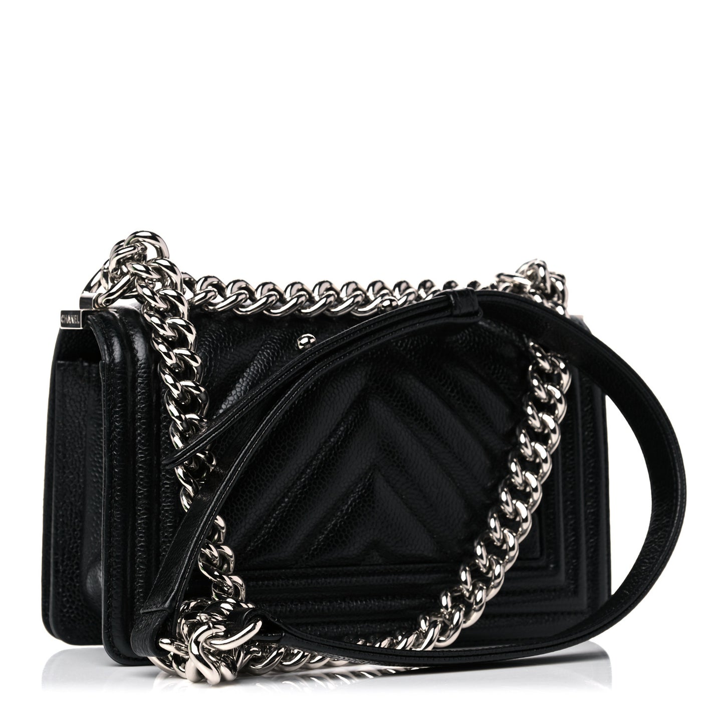 Caviar Chevron Quilted Small Boy Flap Black