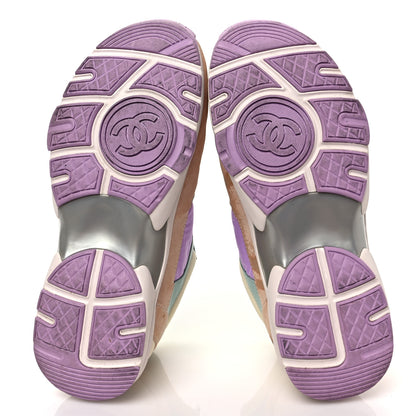 Chanel Nylon Lambskin Suede Calfskin CC Sneakers 37 Green Purple Pink 5 of 8