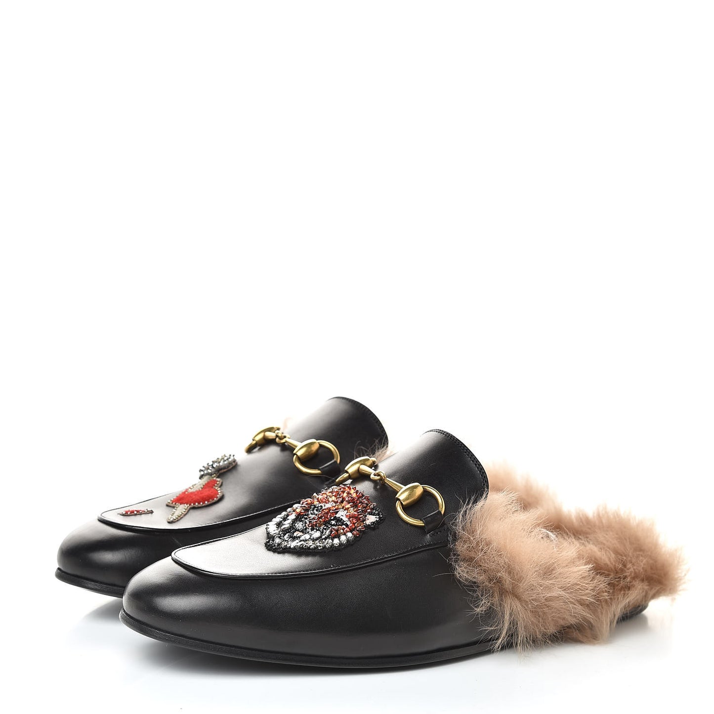 Calfskin Fur Crystal Tiger Embroidered Mens Princetown Slippers 7 Black