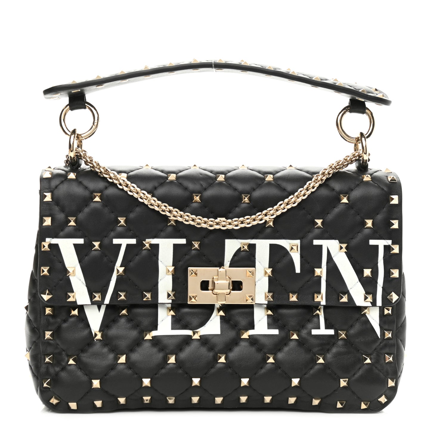 Lambskin VLTN Print Medium Rockstud Spike Shoulder Bag Black