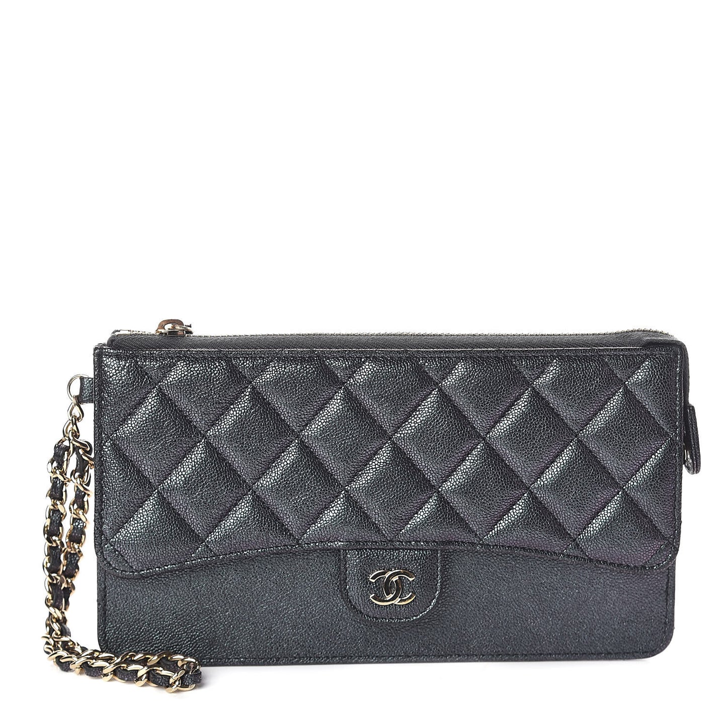 Iridescent Caviar Quilted Classic Pouch With Handle Black