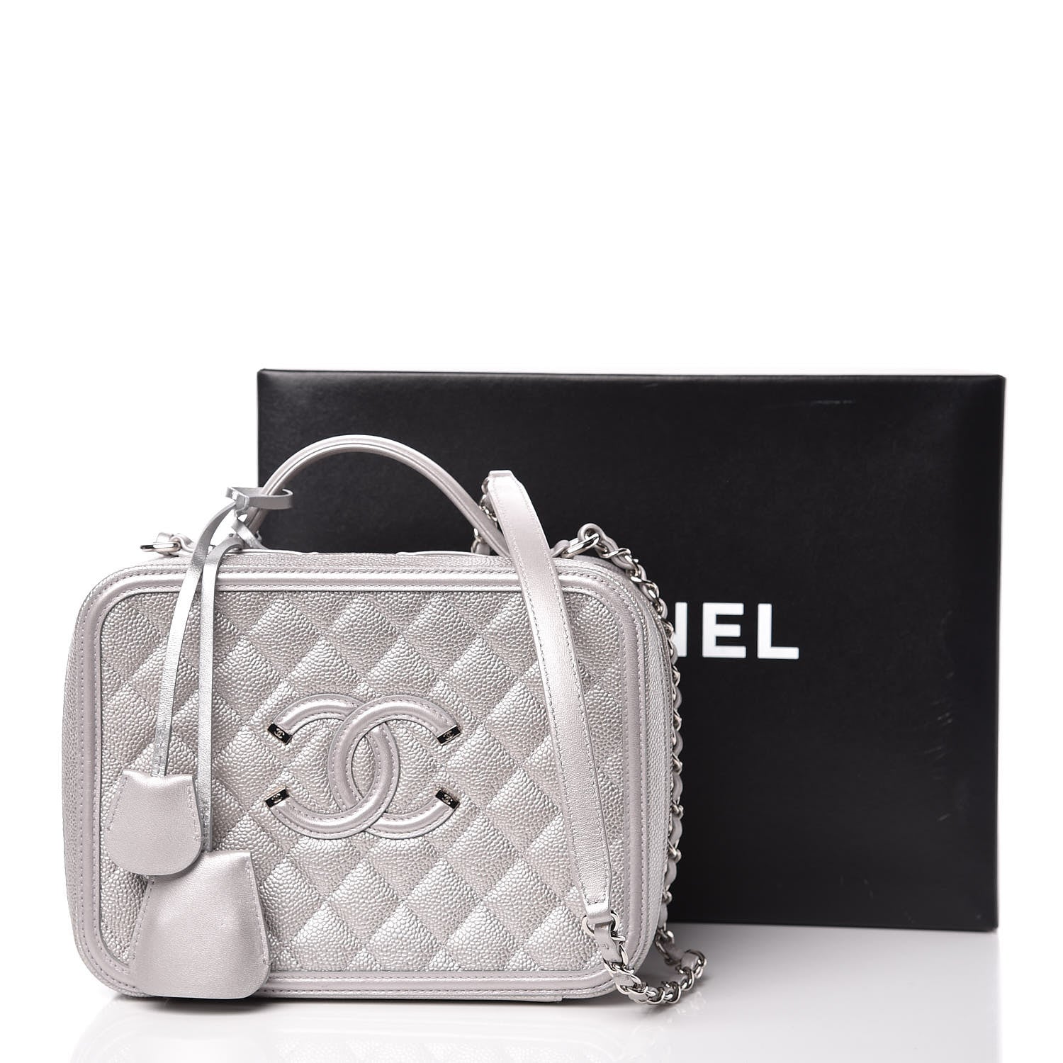 Chanel Metallic Caviar Quilted Large CC Filigree Vanity Case Silver 14 of 14