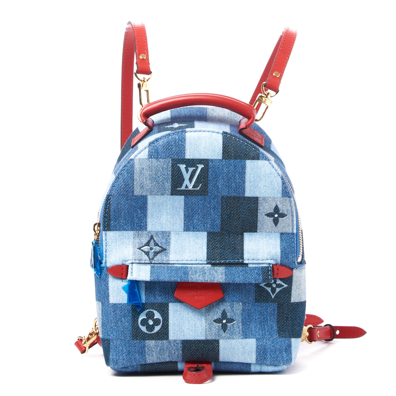 Louis Vuitton Denim Damier Monogram Patchwork Palm Springs Backpack Mini Blue Rouge 1 of 9