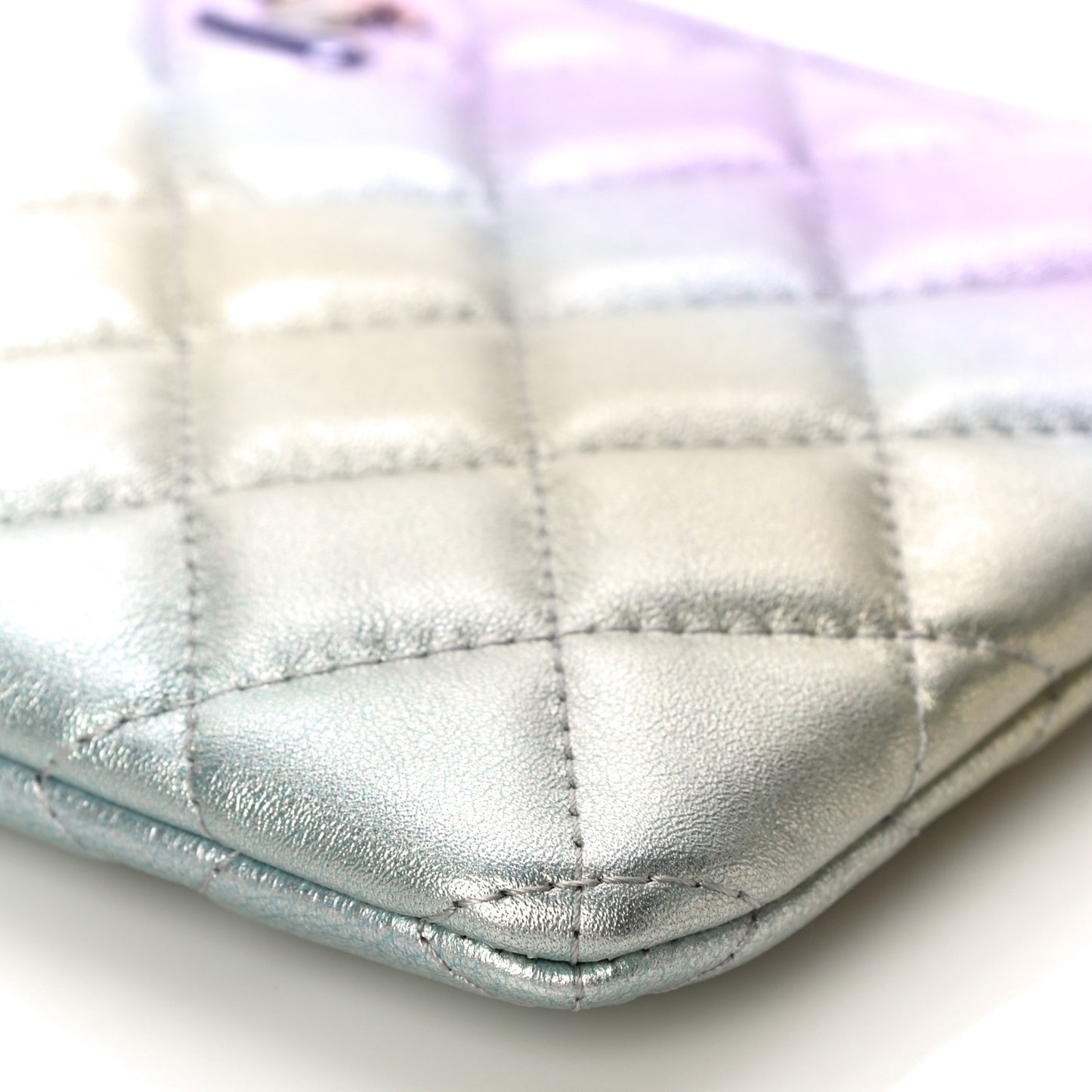 Gradient Metallic Calfskin Quilted Cosmetic Case Silver Blue Yellow Purple