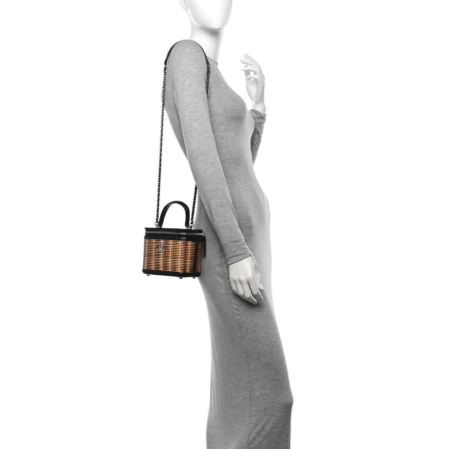 Calfskin Raffia Small Vanity Case Bag Black Beige