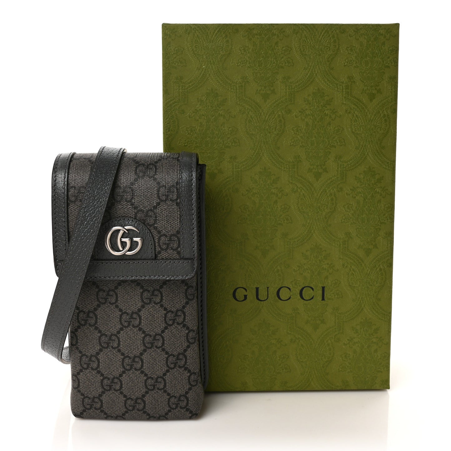 GG Supreme Monogram Textured Dollar Calfskin Phone Crossbody Bag Grey Black Graphite Grey