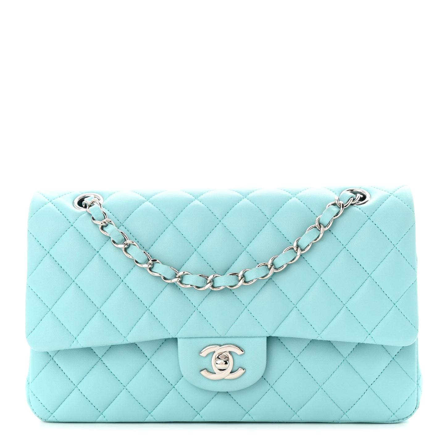 Lambskin Quilted Medium Double Flap Light Blue
