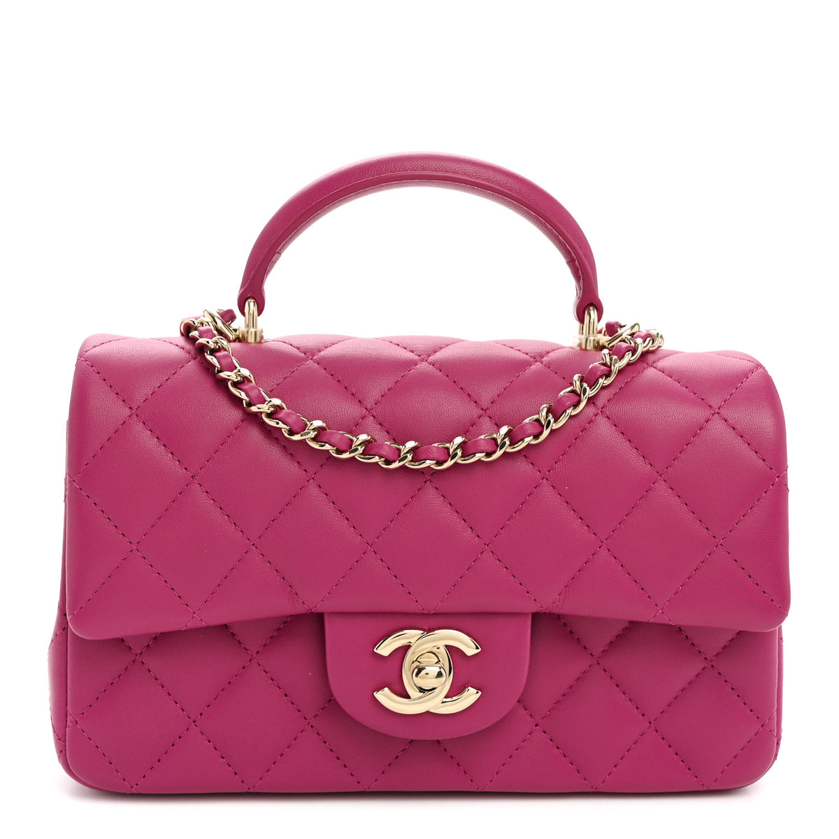 Lambskin Quilted Mini Top Handle Rectangular Flap Dark Pink