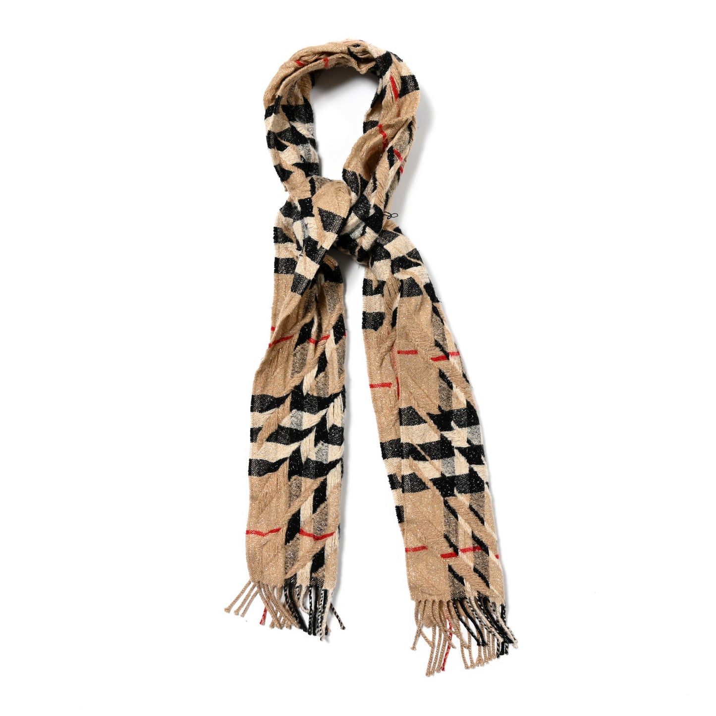 Metallic Cashmere Giant Check Fringe Scarf Camel