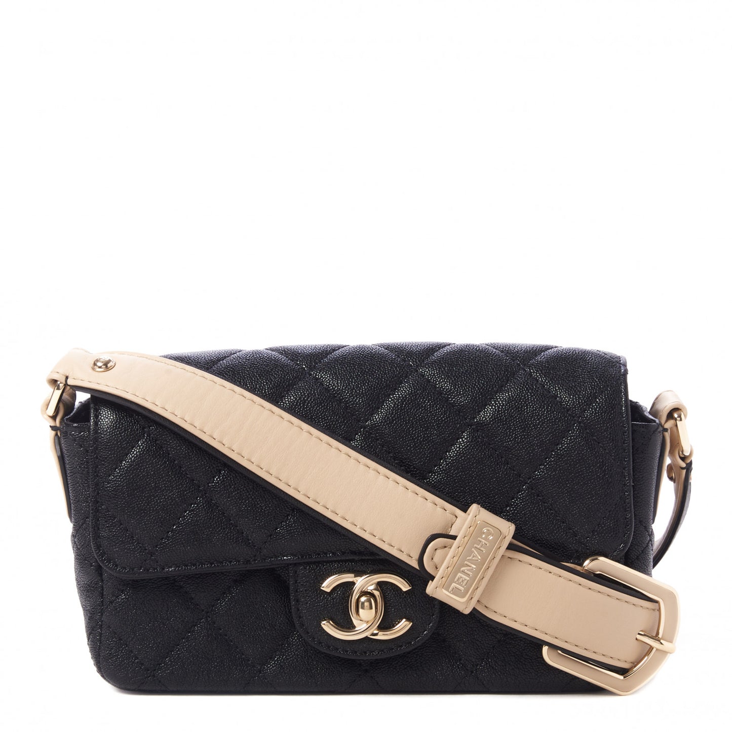 Iridescent Caviar Quilted Mini Flap With Thick Strap Black Beige
