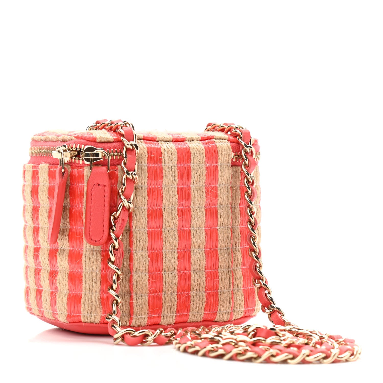 Chanel Raffia Jute Striped Mini Vanity Case With Chain Red Beige 2 of 9