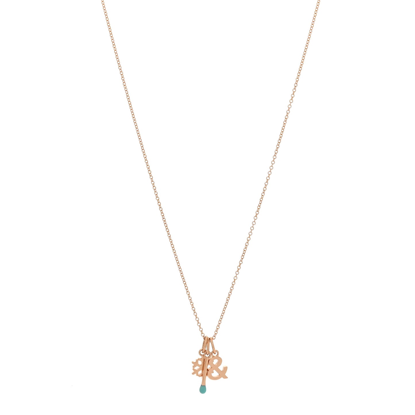 18K Rose Gold Enamel Ampersand Snowflake Match Pendant Necklace Blue